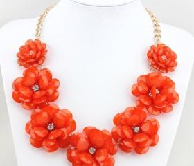 Red Flower Statement Necklace, Bib Necklace, Chunky Necklace For Women